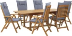 Lauko baldų komplektas Beliani Shumee Sodo rinkinys medinis stalas ir 6 kėdės su JAVA mėlyna pagalvėle
