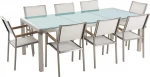 Mėsmalė Beliani Sodo stalo komplektas, stiklo duženas, padalintas stalviršis ir 8 baltos GROSSETO kėdės