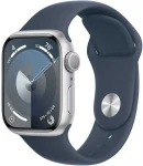 Išmanusis laikrodis Apple Watch Series 9 GPS, 41mm Aliuminio korpusas sidabro spalvos su paskiem sportowy w kolorze sztormowego błękitu - M/L