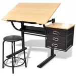 Braižymo stalas su trimis stalčiais, pakreipiamu stalviršiu ir kėdute