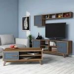 TV staliukas Kalune Design Mėlyna Svetainės baldų rinkinys Ayla - Walnut, Mėlyna
