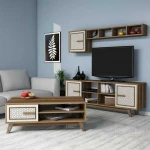 TV staliukas Kalune Design CREAM Svetainės baldų rinkinys Ayla - Walnut, Kreminis