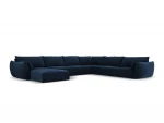 Panoraminė dešinioji kampinė velvet sofa Vanda, 8 sėdimos vietos, tamsiai mėlyna