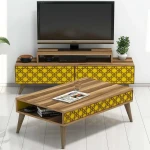 TV staliukas Kalune Design Svetainės baldų komplektas City - Walnut, Geltona