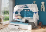 Lova ADRK Furniture Jonasek su šonine apsauga 80x180cm, balta su mėlynu baldakimu