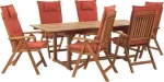Lauko baldų komplektas Beliani Shumee Sodo rinkinys medinis stalas ir 6 kėdės su JAVA raudonos pagalvėlės