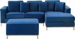Beliani Kairioji aksominė kampinė sofa su osmanu, mėlyna OSLO