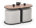 PAMPA, coffee table with pouffes, top: walnut, legs: juodas, pouffe: pilkas