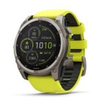 Garmin fēnix® 8 – 51mm Solar Sapphire titanium with an amp yellow/graphite silicone band